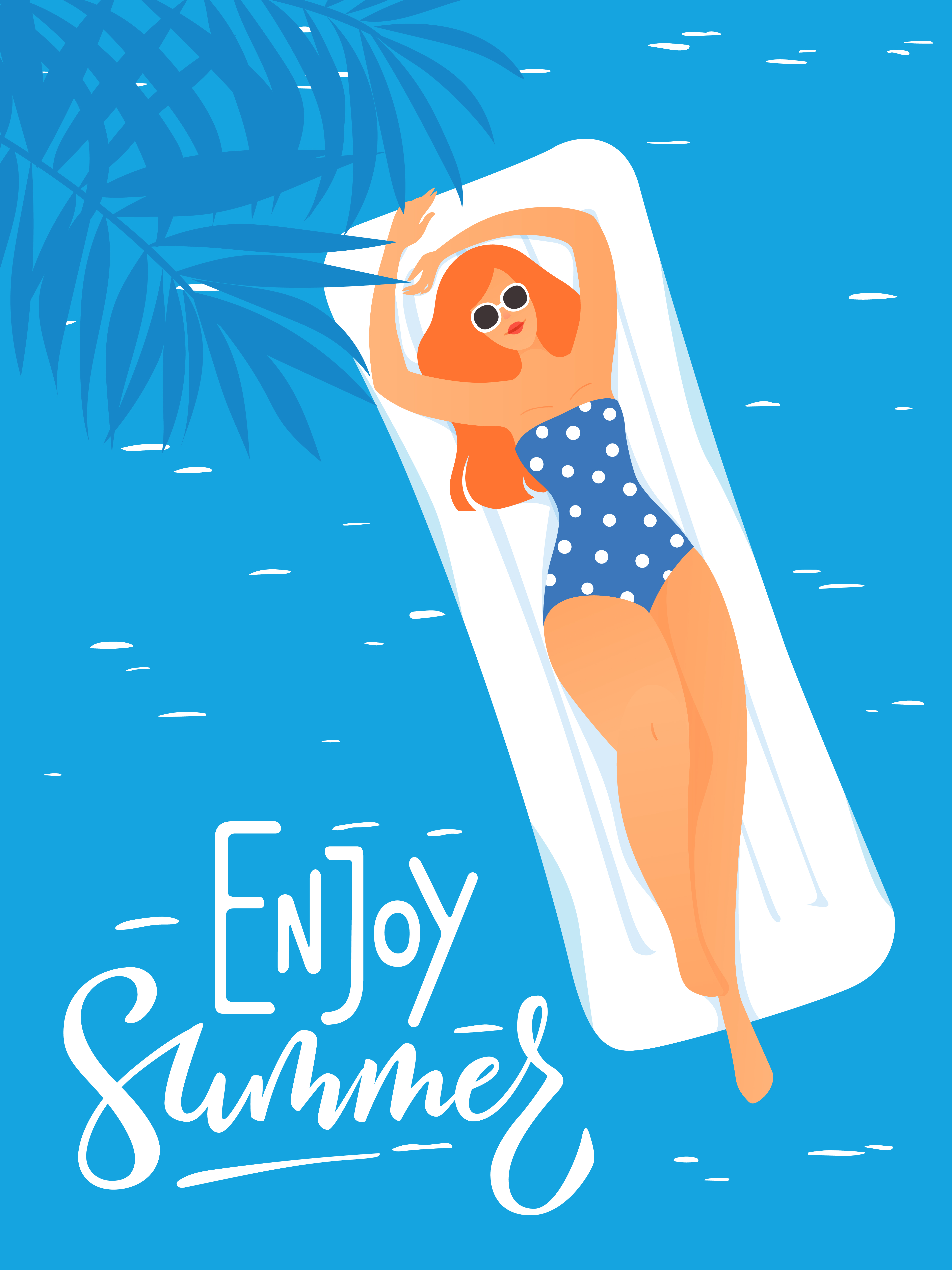 Summer poster with young woman in a swimming pool