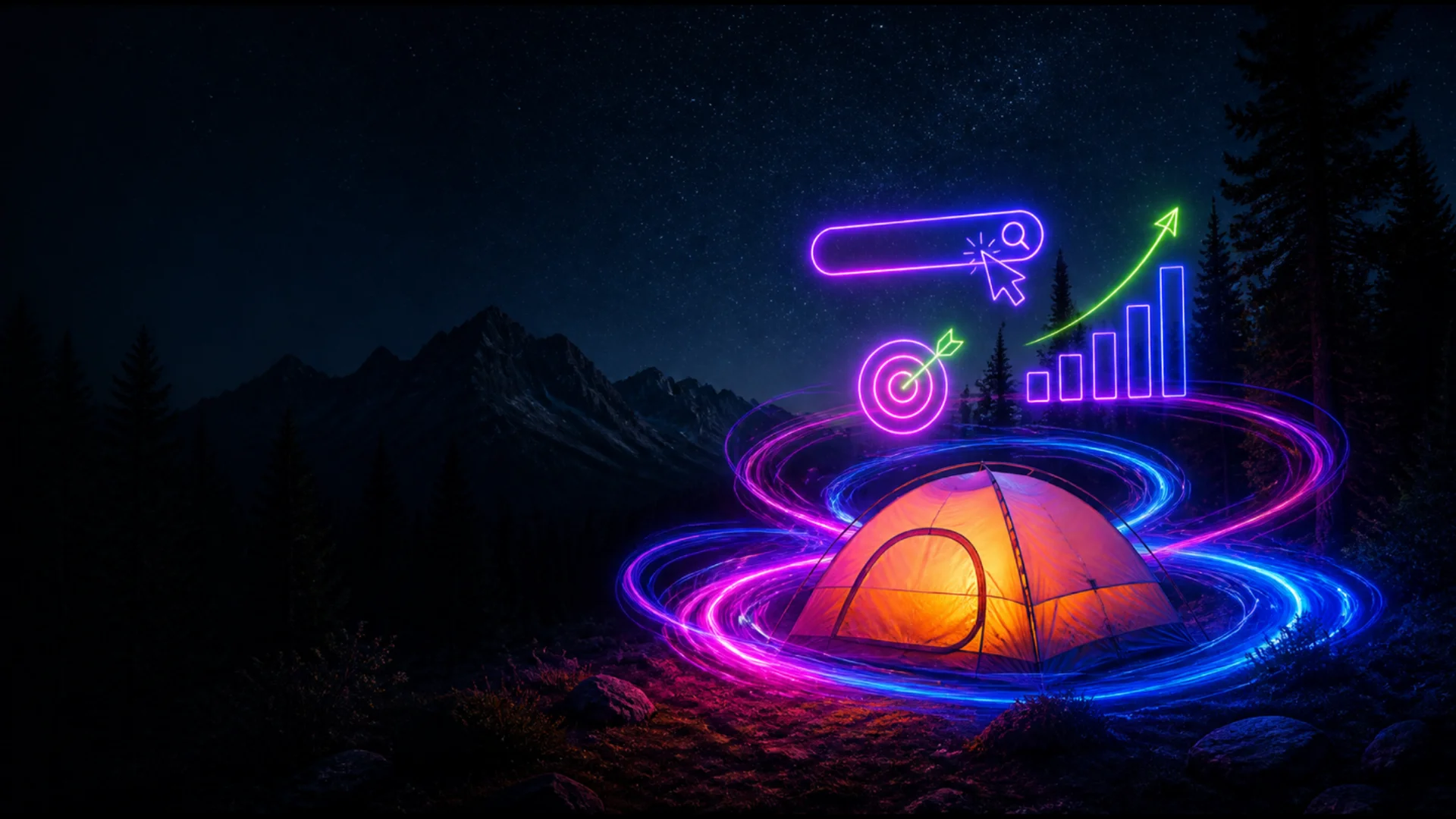 Tente illuminée de nuit entourée de néons, avec une barre de recherche, une cible et un graphique en hausse : Google Ads pour campings