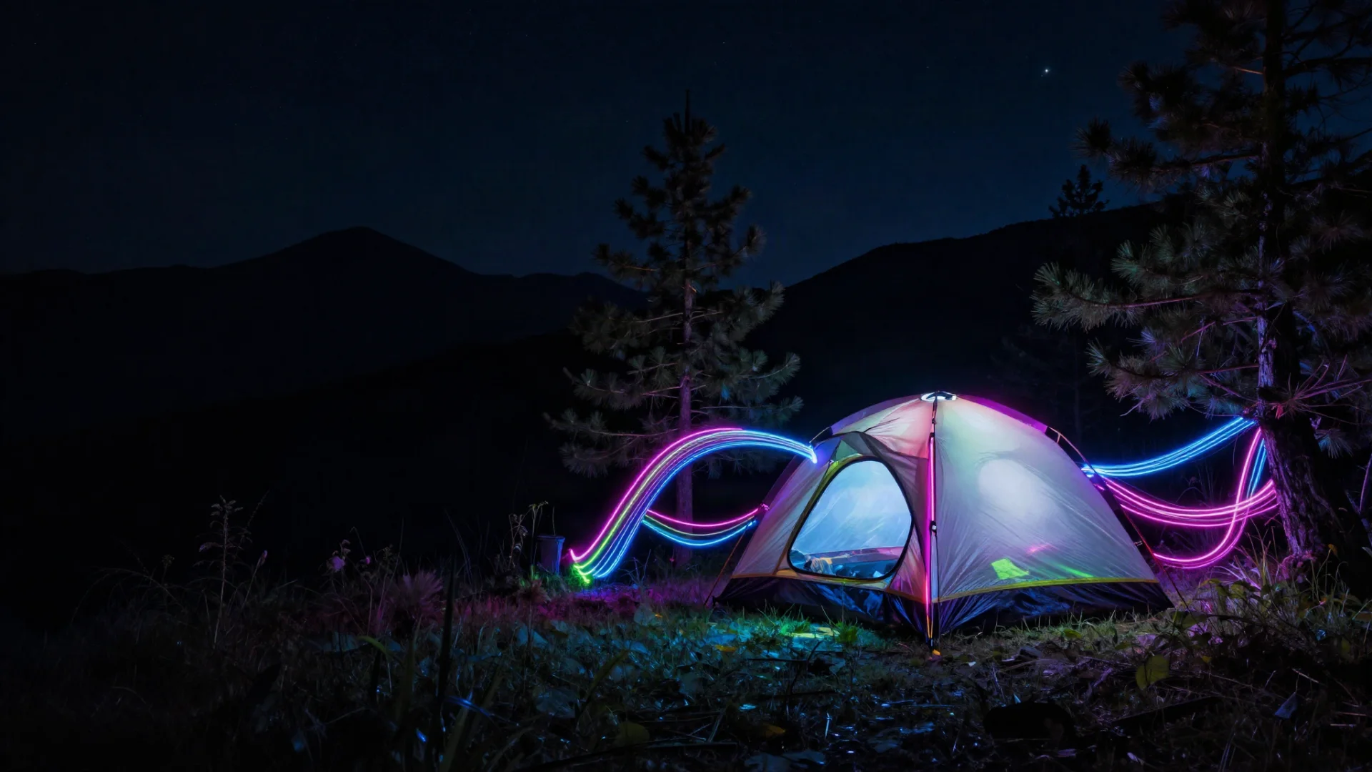 Tente de camping illuminée la nuit par des rubans de lumière néon